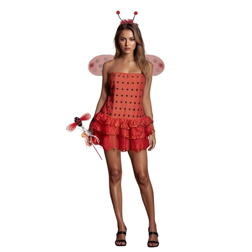 SANSIWU Tier-Cosplay-Kostüm für Damen, lustig, Marienkäfer, Cosplay, Schicht-Rüschen, Minikleid, Haarreifen, Flügel, Deluxe-Outfit, Clubwear (I-02, XL) von SANSIWU