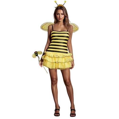 SANSIWU Tier-Cosplay-Kostüm für Damen, lustig, Marienkäfer, Cosplay, Schicht-Rüschen, Minikleid, Haarreifen, Flügel, Deluxe-Outfit, Clubwear (I-03, S) von SANSIWU