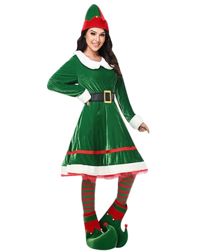 SANSIWU Weihnachtself Kostüme für Damen und Herren, langärmelig, Kleid und Gürtel, Hut, Schuhe, gestreifte Strümpfe für Erwachsene, Urlaub, Party, Cosplay-Set (R-Grün, L) von SANSIWU