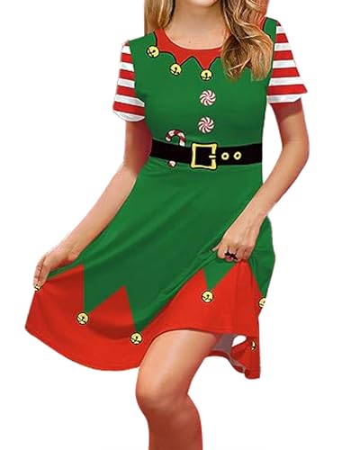 SANSIWU Weihnachtselfenkostüm-Set für Damen, Deluxe-Weihnachtsmann-Kostüm, festliches Outfit für Weihnachten, Cosplay-Party, B-grüne Glocke, Größe XL von SANSIWU