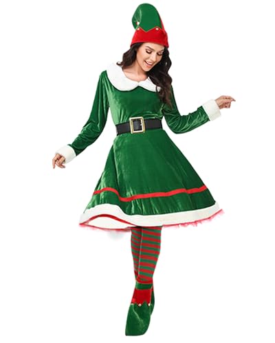 SANSIWU Weihnachtselfenkostüm-Set für Damen, Deluxe-Weihnachtsmann-Kostüm, festliches Outfit für Weihnachten, Cosplay-Party (A-Grün, M) von SANSIWU