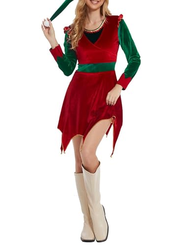 SANSIWU Weihnachtselfenkostüm-Set für Damen, langärmelig, unregelmäßiger Saum, Samtkleid mit Hut, für Erwachsene, Weihnachtsfeier, Verkleidung (A-Red, M) von SANSIWU