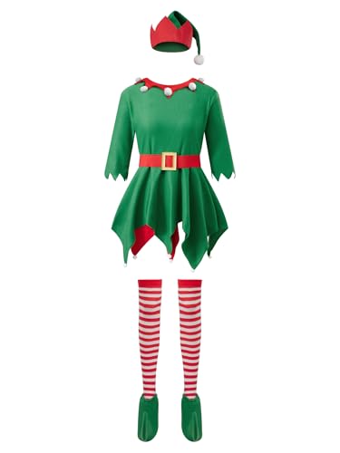 SANSIWU Weihnachtselfenkostüm-Set für Erwachsene, Patchwork, Samtbesatz, langärmeliger Mantel, rote Hose, Paar, Cosplay-Kostüm-Set (C-Grün, S) von SANSIWU