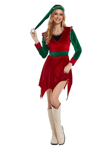 SANSIWU Weihnachtselfenkostüm-Set für Erwachsene, Patchwork, Samtbesatz, langärmeliger Mantel, rote Hose, Paar, Cosplay-Kostüm-Set (D-Rot, M) von SANSIWU