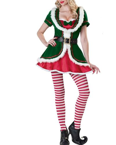 SANSIWU Weihnachtselfenkostüm für Damen - Weihnachtsmann-Helfer-Elfen-Outfit, Deluxe-Set für Party, Verkleiden (D-03, XL) von SANSIWU