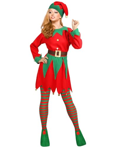 SANSIWU Weihnachtselfenkostüme für Damen und Herren, langärmeliges Kleid und Gürtel, Hut, Schuhe, gestreifte Strümpfe für Erwachsene, Urlaub, Party, Cosplay-Set (A-Erwachsene, Einheitsgröße) von SANSIWU