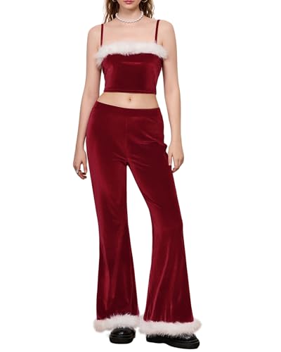 SANSIWU Weihnachtskostüm für Damen, Weihnachtsmann, Cosplay, Outfits, Plüschbesatz, Patchwork, trägerlos, Schlauch-Top, elastische Taille, lange Hose, Party-Kostüm (Rot, A, M) von SANSIWU