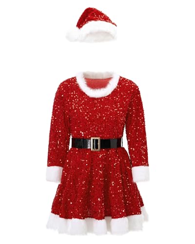 SANSIWU Weihnachtskostüm für Damen, Weihnachtsmann, Cosplay-Kleid, Plüschbesatz, Patchwork, Kapuze, langärmelig, langes Kleid, Motto-Party, Show, Kostüm mit Gürtel (Rot 01, XXL) von SANSIWU