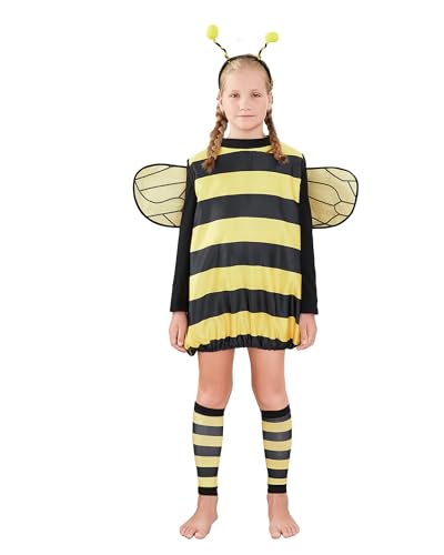 SANSIWU Women Kids Cosplay Costume Set Halloween Bumble Bee Dress With Wings Headband Leg Sleeves For Role-playing Accessories Clubwear (Baby, Yellow Children, 10-12 Years) von SANSIWU