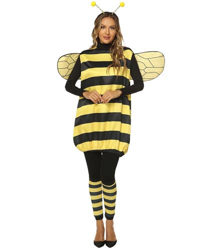 SANSIWU Women Kids Cosplay Costume Set Halloween Bumble Bee Dress With Wings Headband Leg Sleeves For Role-playing Accessories Clubwear (Women, Yellow Adults, M) von SANSIWU