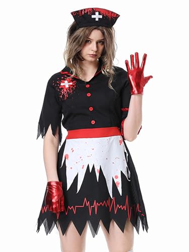 SANSIWU Zombie-Krankenschwester-Kostüm für Damen, Langarm, Rundhalsausschnitt, figurbetontes Minikleid mit Hut und Handschuhen, Horror-Zombie-Kostüm (Schwarz, M) von SANSIWU