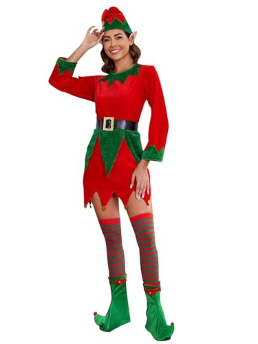 Weihnachtselfenkostüm-Set für Damen, für Erwachsene, Elfen-Samtkleid, Weihnachtsmann-Helfer-Kostüm, Outfit für Urlaubsparty (A-Red, L) von SANSIWU