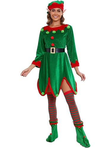 Weihnachtselfenkostüm-Set für Erwachsene, 5-teiliges Elfen-Samtkleid, Weihnachtsmann-Helfer-Kostüm, Outfit für Urlaubsparty (A-Grün, S) von SANSIWU
