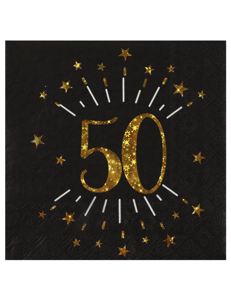 10 Servietten 50. Geburtstag Schwarz + Gold Sterne 33x33cm von SANTEX