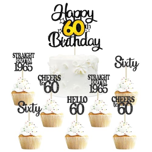 SANYUANHE 60th Geburtstag Tortendeko,25 Pcs in Schwarz Gold Happy Birthday Thema,Glitzerndes Geburtstagskuchen Zubehör für Damen Herren und Hochzeiten,60th Cake Topper Dekoration Set SANYUANHE 60th Geburtstag Tortendeko,25 Pcs in Schwarz Gold Happy Birthday Thema,Glitzerndes Geburtstagskuchen Zubehör für Damen Herren und Hochzeiten,60th Cake Topper Dekoration Set von SANYUANHE