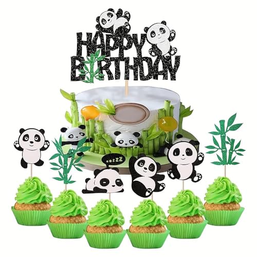SANYUANHE 25 Stück Panda Kuchen Dekoration,Niedliche Tierfiguren Tortenverzierung-Natürliche Motive-Grüne Bambusblätter-Cupcake Toppers für Baby Shower,Kindergeburtstag und Tierische Themenpartys von SANYUANHE