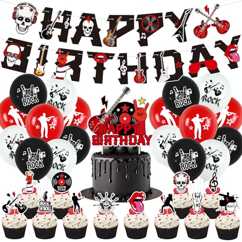 SANYUANHE Schwarze Rote Rock'n' Roll Geburtstagsdeko Set，32 Stück Rock Musikmotiv Happy Birthday Banner Cupcake Topper，Totenkopf Gitarren Musiknoten Luftballons，Halloween Rock Party Dekoration von SANYUANHE