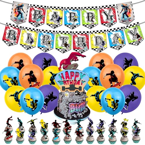 SANYUANHE Skateboard Geburtstagsdeko Set，30 Stück Kindergeburtstag Partydekoration Happy Birthday Banner Cupcake Topper，Streetdance Skateboard Luftballons，Sport-Party Ausstattung Party Dekoration von SANYUANHE