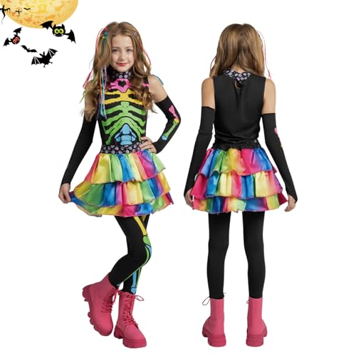 Buntes Skeletts Kostüm Kinder, Skelettkostüm Mädchen, Halloween Kostüm Kinder, Kinderkostüme Mädchen Skeletts Kleid Set für Halloween Karnevals Partys (L) von SARYLI