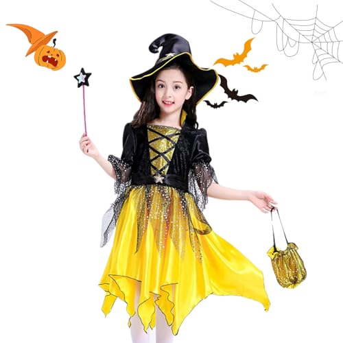 Hexenkostüm Mädchen, Halloween Kostüm Kinder Hexenkostüme 6–8 Jahres, Kinderkostüm Mädchen Hexenkostüm Set für Halloween Karnevals Faschings Kleid Verkleidung Partys Cosplays (110cm) von SARYLI