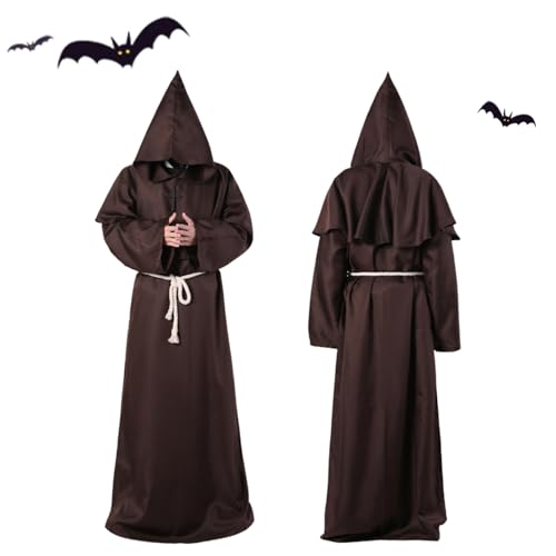 Mönch Kostüm Herren, Mönchskuttes Kostüm Set mit Kapuze und Kreuze, Halloween Mönchsrobe Kostüm Priester Mönchskostüm, Mittelalterliche Pfarrerverkleidung für Halloween Karnevals (Braun, M) von SARYLI