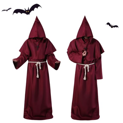 Mönch Kostüm Herren, Mönchskuttes Kostüm Set mit Kapuze und Kreuze, Halloween Mönchsrobe Kostüm Priester Mönchskostüm, Mittelalterliche Pfarrerverkleidung für Halloween Karnevals (Rot, L) von SARYLI