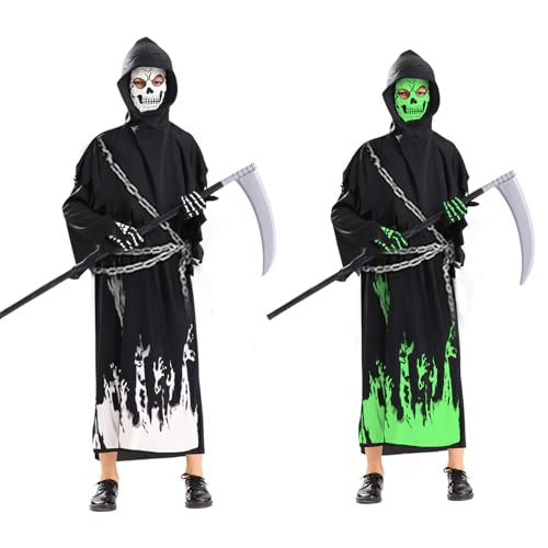 Sensenmann-Kostüm Kinder, Halloween Skeletts Kostüm für Jungens Mädchen, Leuchtet Dunkeln Sensenkostüm Kinder mit Sensenmann-Sense und Skeletthandschuhen für Karnevals Partys (M) von SARYLI