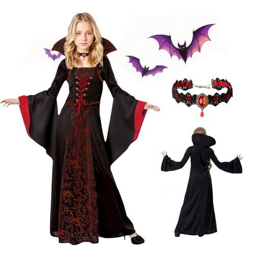 Vampir Kostüm Mädchen, Vampirkostüm Halloween Kinder, Kostüm-Vampire Mädchen Gotisch Kapuzen Vampirin Kostüm Kleid Verkleidung für Halloween Karnevals Faschings Vampiretheme Partys Cosplays (L-130CM) von SARYLI
