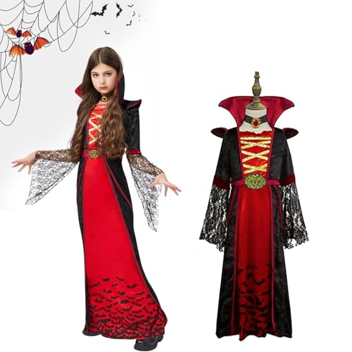 Vampir Kostüm Mädchen, Vampirkostüm für Kinder Mädchen 8–10 Jahren, Halloweens gotisch Viktorianische Kostüm Vampirin Kleid Verkleidung für Karnevals Faschings Vampiretheme Partys von SARYLI