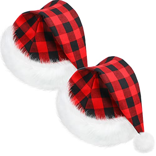 SATINIOR 2 Weihnachtsmann Mütze Unisex Weihnachten Kappe Weihnachten Hut für Urlaub (Rot und Schwarz Kariert, 15 x 11,8 Zoll) von SATINIOR