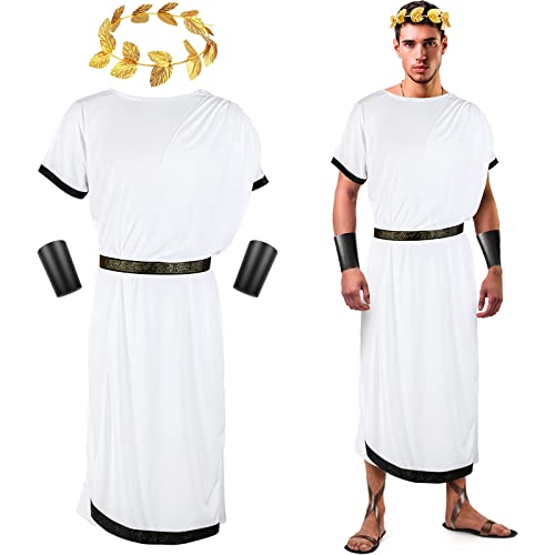 SATINIOR 4 Stück Herren Weiß Toga Griechischer Gott Kostüm Erwachsene Party Toga Caesar römisches Kostüm mit Blatt Lorbeerkranz Leder Armband (groß) von SATINIOR