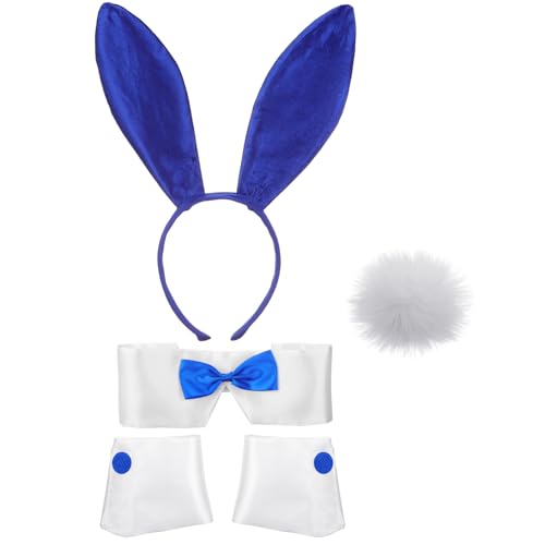 Damen Bunny Kostüm Set Hasenohren Stirnband Kragen Fliege Kostüm Manschetten Hasenschwanz für Osterparty, Königsblau, Einheitsgröße von SATINIOR