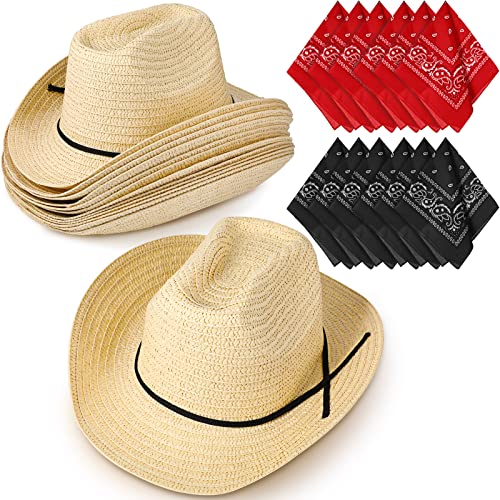 SATINIOR 12 Set Stroh Cowboyhüte mit Bandanas Party Pack Cowboyhut Kostüm Bandanas für Head Western Party Cowboy Zubehör, braun, rot, schwarz, Einheitsgröße von SATINIOR