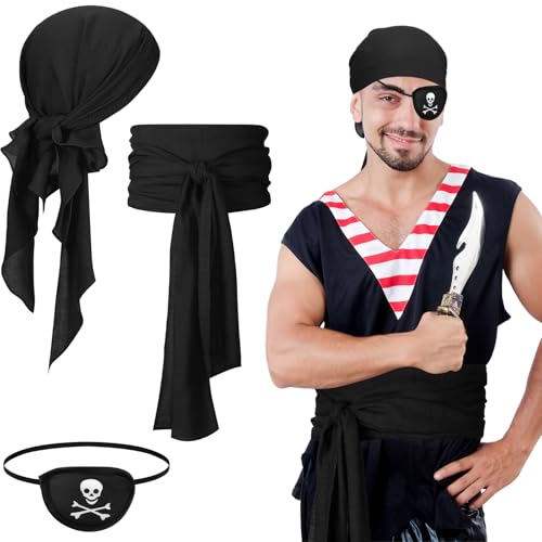 SATINIOR 3 Stück Piraten Kostüm Zubehör Set Pirat Kopftuch Großer Pirat Gürtel Pirat Augenklappe, Bandana Schärpe Gürtel Augenbinde Piraten Verkleidung für Erwachsene Halloween Karneval (Schwarz) SATINIOR 3 Stück Piraten Kostüm Zubehör Set Pirat Kopftuch Großer Pirat Gürtel Pirat Augenklappe, Bandana Schärpe Gürtel Augenbinde Piraten Verkleidung für Erwachsene Halloween Karneval (Schwarz) von SATINIOR