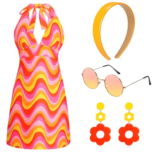 SATINIOR 4 Stück 60er 70er Jahre Damen Hippie Kostüm Retro Disco Outfit Groovy Ohrring Stirnband Kleid Sonnenbrille für Halloween Party, wie abgebildet, XL SATINIOR 4 Stück 60er 70er Jahre Damen Hippie Kostüm Retro Disco Outfit Groovy Ohrring Stirnband Kleid Sonnenbrille für Halloween Party, wie abgebildet, XL von SATINIOR