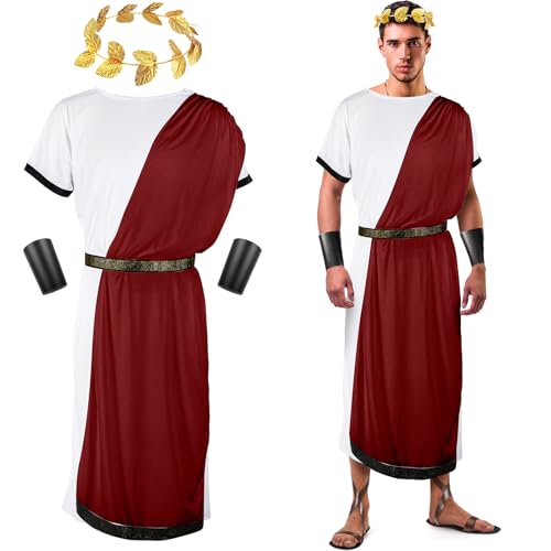 SATINIOR 4-teiliges griechisches Toga-Kostüm für Herren, griechischer Gott, Outfit, Halloween, Erwachsene, römisches Zubehör-Set, Rot und weiß, S SATINIOR 4-teiliges griechisches Toga-Kostüm für Herren, griechischer Gott, Outfit, Halloween, Erwachsene, römisches Zubehör-Set, Rot und weiß, S von SATINIOR