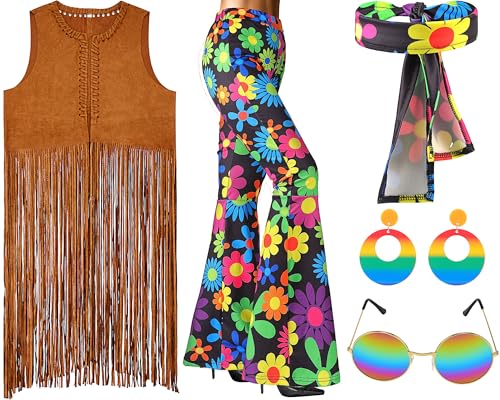 SATINIOR 5-teiliges 60er-/70er-Jahre-Kostüm-Set für Damen, Hippie-Disco-Kostüm-Set, Quaste, Weste, Stirnband, ausgestellte Hose, Ohrringe, Sonnenbrille (S) von SATINIOR