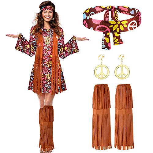 SATINIOR 70er 60er Jahre Hippie Kostüm Set 70er Jahre Outfits Zubehör für Halloween Frauen Disco Kleid für Mädchen, Rot/Blumenmuster, Adult Size (XX-Large) von SATINIOR