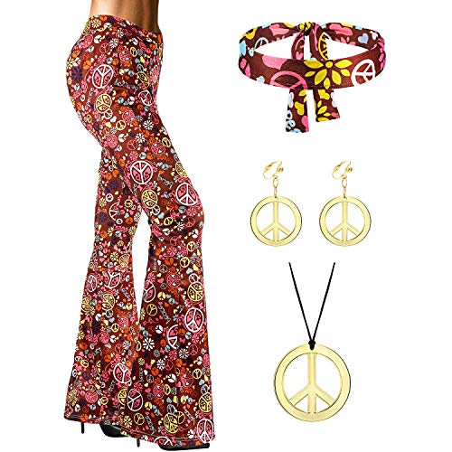 SATINIOR 70er Jahre Frauen Kleidung Hippie Kostüm Zubehör Set Bell Bottom Boho ausgestellte Hose - - Large von SATINIOR