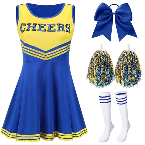 SATINIOR Cheerleader-Kostüme für Damen, Erwachsene, Mädchen, Uniform-Outfit für Fußball-Party (M, Blau und Gelb), 4 Stück von SATINIOR