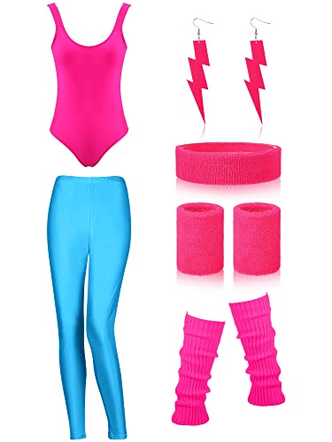 SATINIOR Damen 80er 90er Jahre Workout Kostüm Outfit Zubehör Set Beinwärmer Stirnband Armbänder Ohrringe Bademode Anzug, Rosenrot, fluoreszierendes Blau, S von SATINIOR