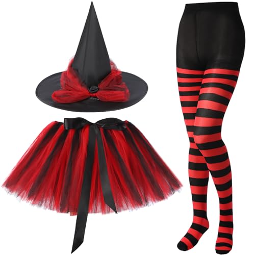 SATINIOR Halloween Hexenkostüm für Frauen 2025 Halloween Hexenhut Tutu Rock und gestreifte Strumpfhose für Cosplay Party, Schwarz, Rot, Einheitsgröße von SATINIOR