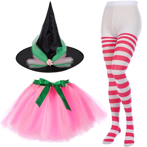 SATINIOR Halloween Hexenkostüm für Frauen 2025 Halloween Hexenhut Tutu Rock und gestreifte Strumpfhose für Cosplay Party (Rosa Grün und Weiß) von SATINIOR