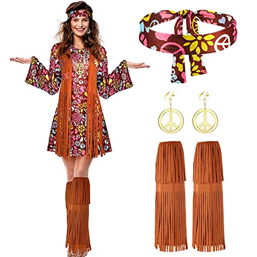 Damen Hippie Kostüm Set Peace Zeichen Ohrringe Halskette Stirnband Kleid Knöchel Socken - - Large Damen Hippie Kostüm Set Peace Zeichen Ohrringe Halskette Stirnband Kleid Knöchel Socken - - Large von SATINIOR
