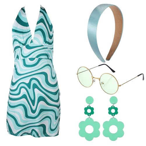 SATINIOR Hippie-Kostüm für Damen, 60er- und 70er-Jahre, Retro-Stil, Disco-Kostüm, grooviger Ohrring, Stirnband, Kleid, Sonnenbrille für Halloween-Party (stilvoll, Größe XL) von SATINIOR