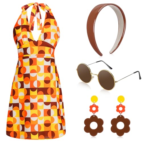 SATINIOR Hippie-Kostüm für Damen, 60er- und 70er-Jahre, Retro-Stil, Disko-Outfit, grooviger Ohrring, Stirnband, Kleid, Sonnenbrille für Halloween-Party, Größe XL, 4 Stück SATINIOR Hippie-Kostüm für Damen, 60er- und 70er-Jahre, Retro-Stil, Disko-Outfit, grooviger Ohrring, Stirnband, Kleid, Sonnenbrille für Halloween-Party, Größe XL, 4 Stück von SATINIOR