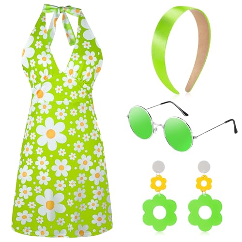SATINIOR Hippie-Kostüm für Damen, 60er- und 70er-Jahre, Retro-Stil, Disko-Outfit, grooviger Ohrring, Stirnband, Kleid, Sonnenbrille für Halloween-Party (mittel), 4 Stück von SATINIOR