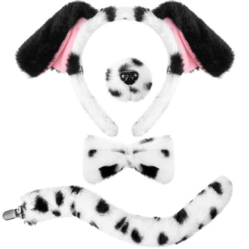 SATINIOR Kostüm Set Tierkostüm Set Ohr Stirnband Künstliche Nase Fliege und Schwanz Kinder Erwachsene Kostümzubehör für Karneval Halloween Cosplay(Schwarz,Dalmatiner) von SATINIOR
