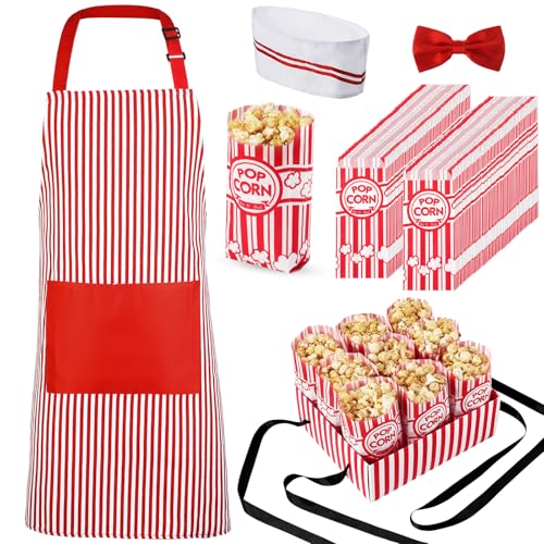 SATINIOR Popcorn-Kellner-Kostüm, 1950er-Jahre-Kostüm, Papier-Popcorn-Tüten, rot und weiß, gestreift, Schürze, Kochmütze, Fliege und Snack-Tablett für Filmabend, Karneval, Zirkus, Geburtstagsparty, 204 SATINIOR Popcorn-Kellner-Kostüm, 1950er-Jahre-Kostüm, Papier-Popcorn-Tüten, rot und weiß, gestreift, Schürze, Kochmütze, Fliege und Snack-Tablett für Filmabend, Karneval, Zirkus, Geburtstagsparty, 204 von SATINIOR