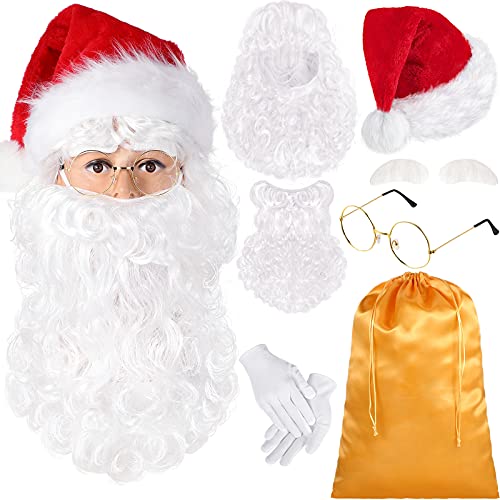 SATINIOR Weihnachtsmann Kostüm Set Enthält Weihnachtsmann Mütze Weihnachtsmann Bart Perücke mit Weiß Augenbrauen Weiß Winterhandschuhe Weihnachtsmann Brille Weihnachten Geschenkbeutel (Gold Beutel) von SATINIOR